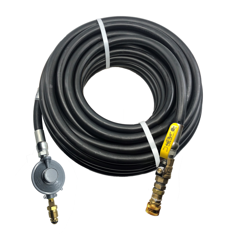 RUBBER HOSE ASSEMBLY WITH BALL VALVE, QUICK DISCONNECT AND SINGLE-STAGE LP-GAS REGULATOR
