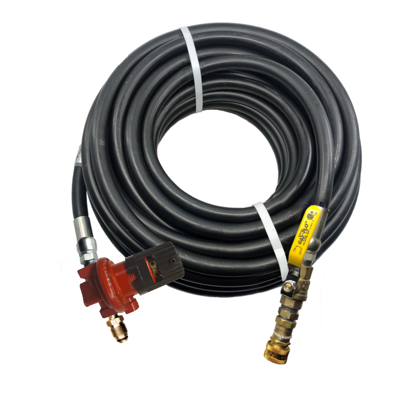 RUBBER HOSE ASSEMBLY WITH BALL VALVE, QUICK DISCONNECT AND HIGH-CAPACITY LP-GAS REGULATOR
