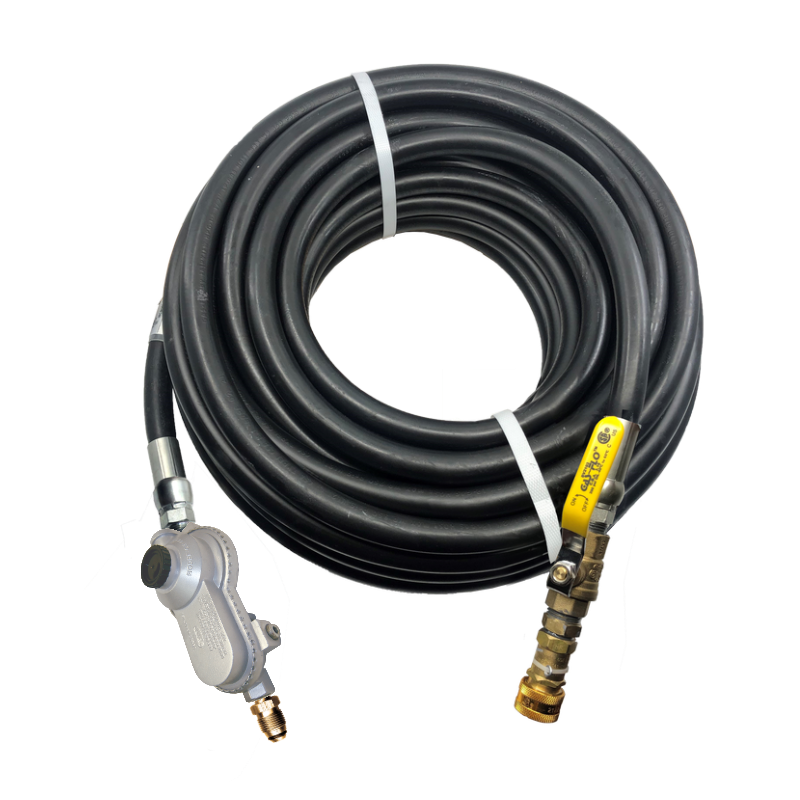 RUBBER HOSE ASSEMBLY WITH BALL VALVE, QUICK DISCONNECT AND TWO-STAGE LP-GAS REGULATOR